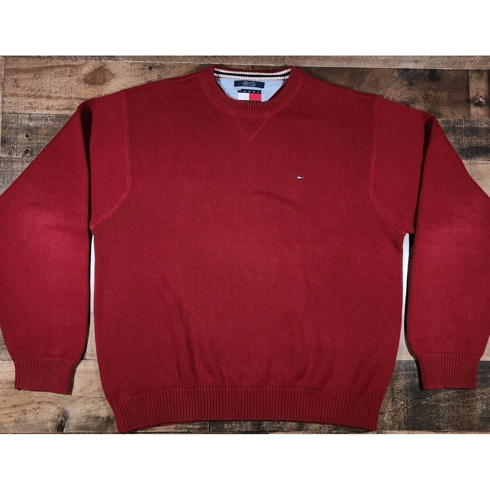 Vintage Tommy Hilfiger Sweater Men's 2XL Red Knitted Y2K 90s Dad